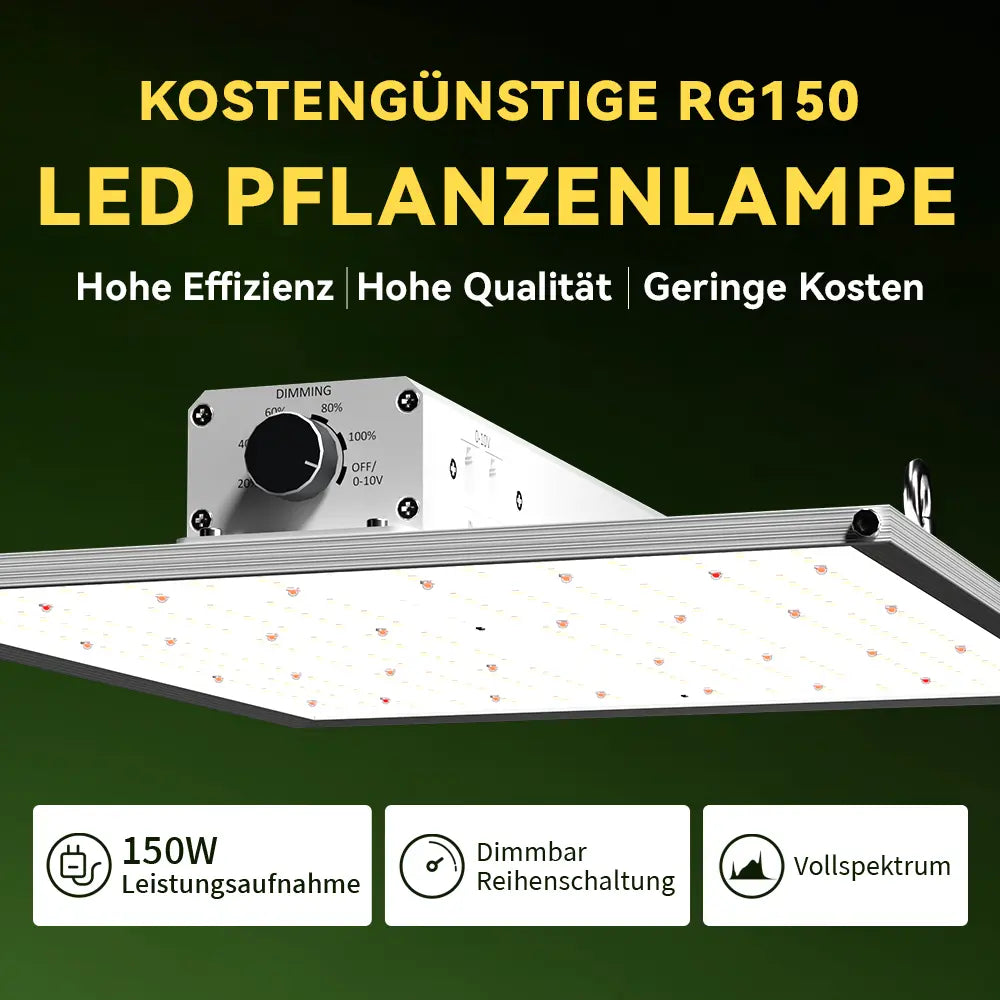 RG150 150W Vollspektrum-LED-Pflanzenlampe mit Samsung LED-Chips – 59€ statt 159€ bis 15.07.2026 · inkl. MwSt. · kostenloser Versand · 3 Jahre Garantie
