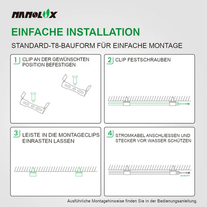 Nanolux GrowLink T8 LED PGF18E Montage mit Clips und geschützter Steckverbindung