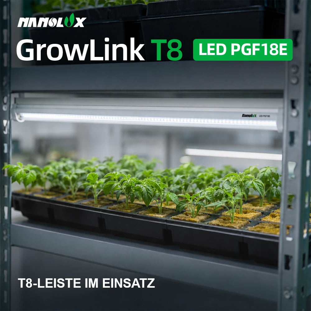 Nanolux GrowLink T8 LED PGF18E im Einsatz an einem Pflanzenregal