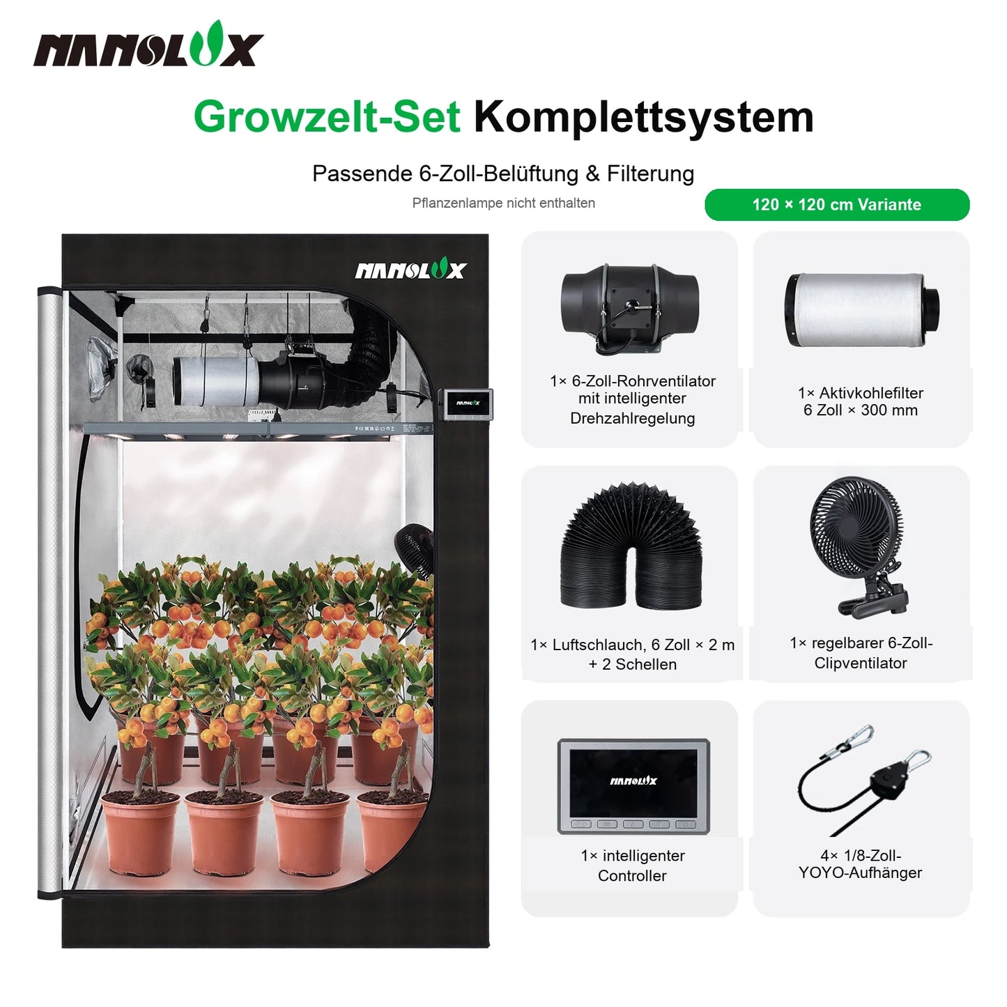 Nanolux Smart Grow Tent Kit Komponenten mit Belueftung Filterung und Controller